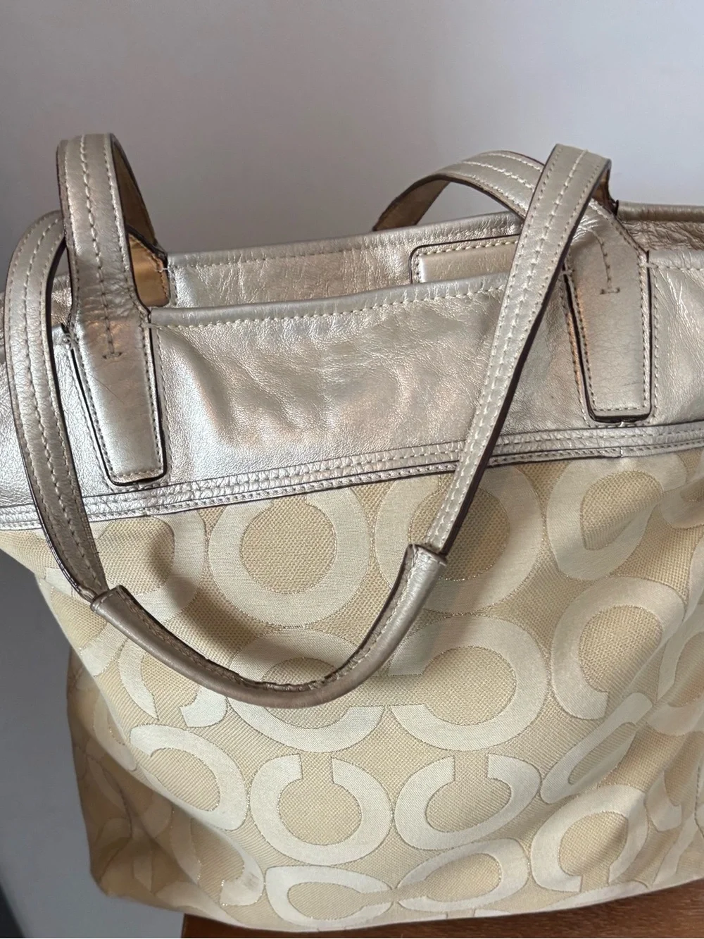 Coach Cream and Metallic Gold Signature Tote